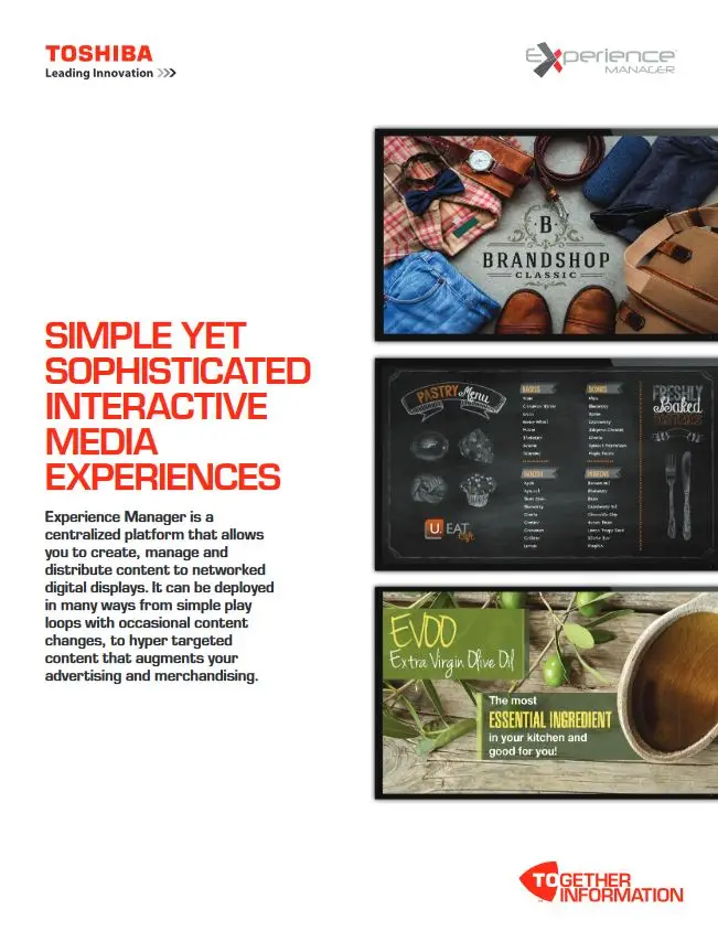Experience Manager, Brochure, Digital Signage, Toshiba, Berks Copy Tech