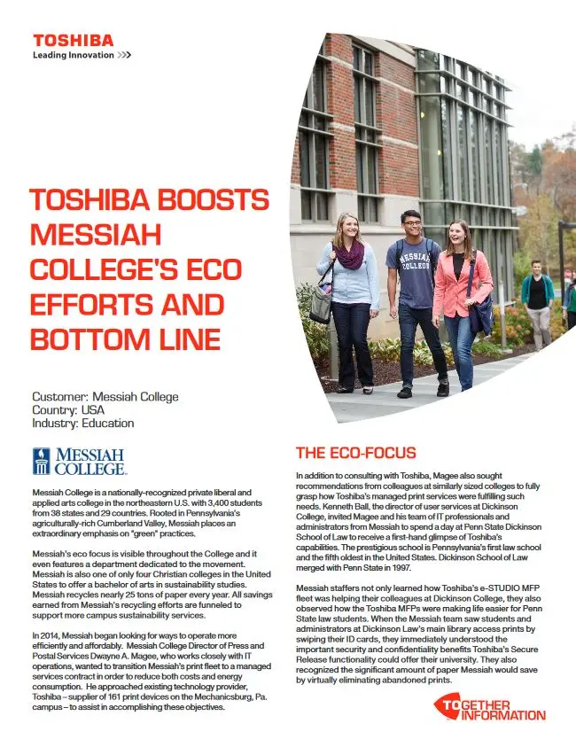 Messiah College, Eco Efforts, Industry Solutions, Vertical Markets, Toshiba, Berks Copy Tech