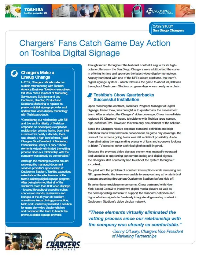 San Diego Chargers, Digital Signage, Toshiba, Berks Copy Tech